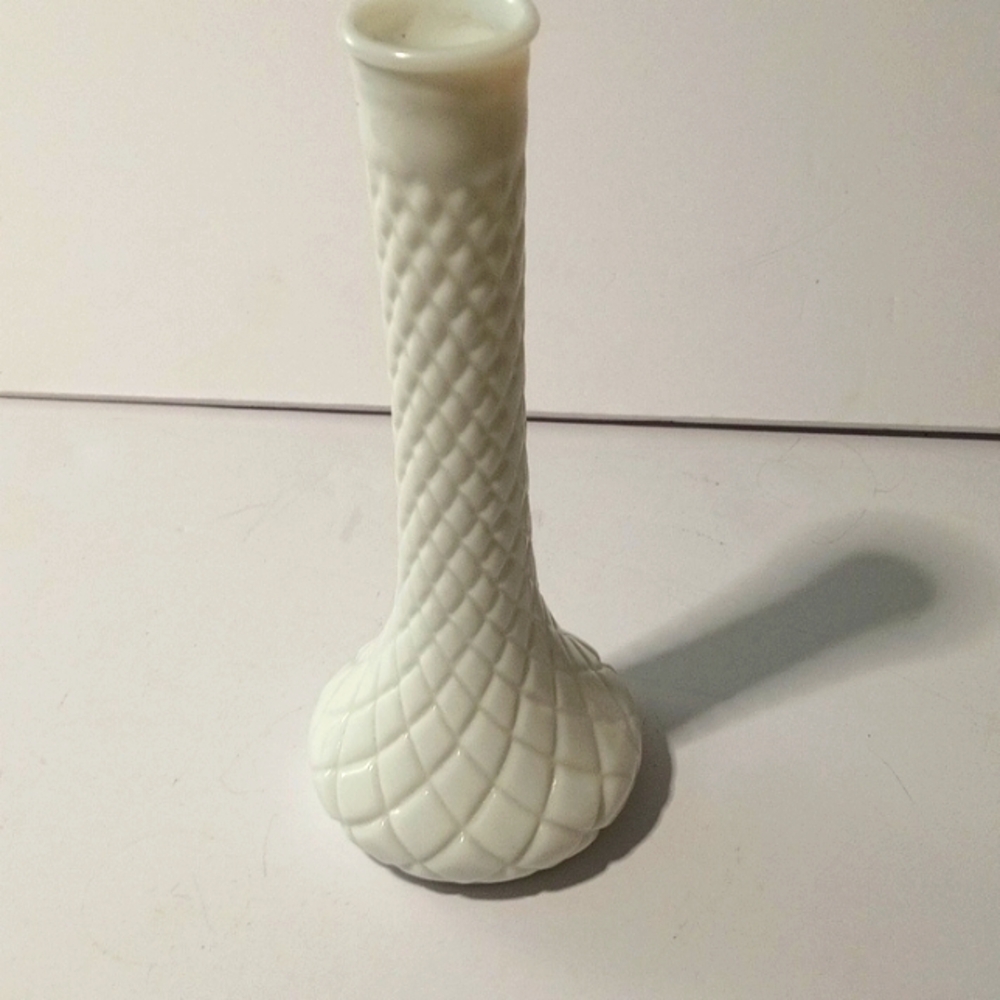 9”  Randall Vintage Milk Glass Diamond Quilt Bud Vase